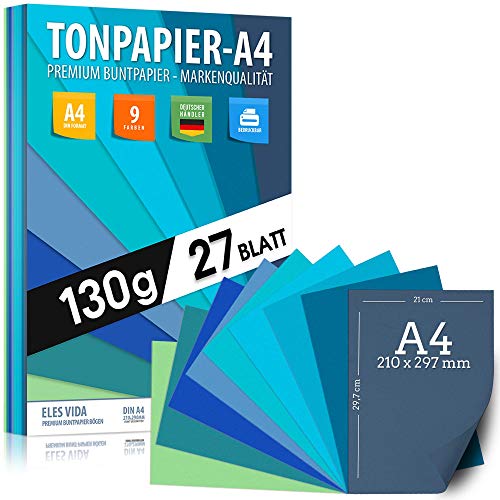 27 Blatt Tonzeichenpapier Wasser, Blautöne - Papier DIN A4-130g /m² Set 9 Farben – Stabil Bastelpapier & Farbige Blätter, Kinder & Bogen, Marine Blau Cyan Azur - Ozean - Bunte Farben - AUS DEUTSCHLAND