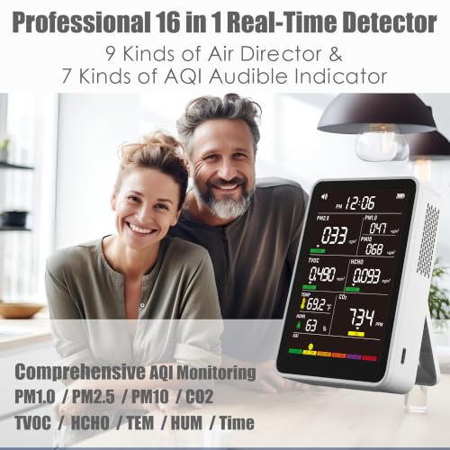 Image of 16-in-1 Indoor Air Quality Monitor, High-Precision Multi-Parameter Smart Air Quality Tester with HD Real-Time Color Screen, Portable Air Quality Monitor for Home, Office, Cars, School, Bedroom