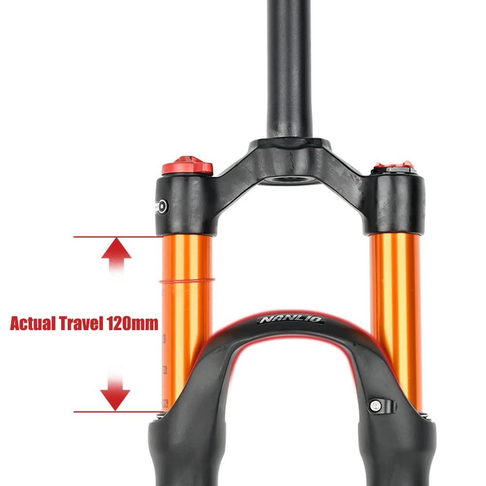 Forcella ammortizzata ad aria per MTB da 120 mm, 26, 27,5, 29", con controllo della linea, in lega di magnesio, ideale per mountain bike, QR 9 x 100 mm, freno a disco, tubo conico, in
