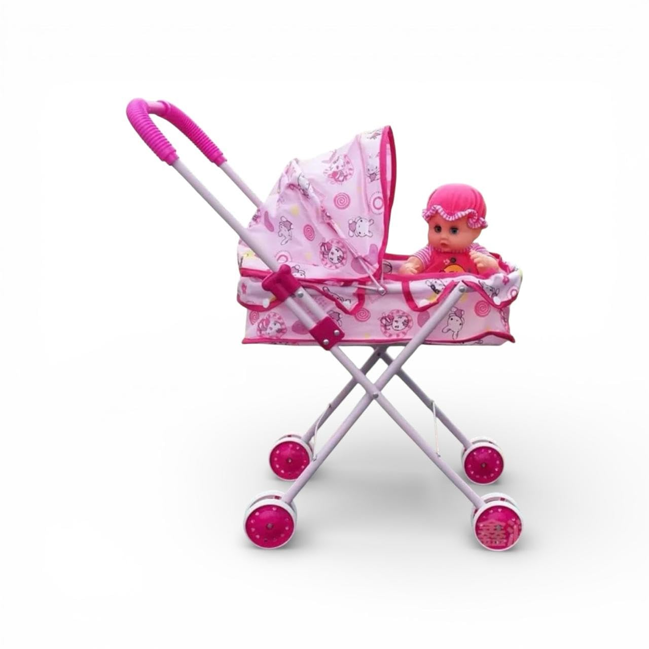 Baby Doll Stroller Toy for Girls, Pink Doll Pram with Canopy, Foldable Pretend Play Pushchair, Ages 3+