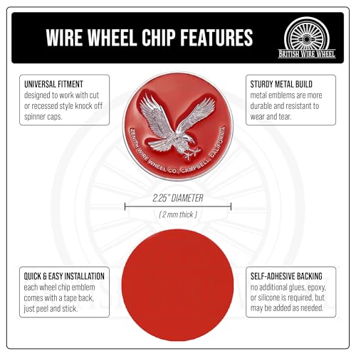 Image of Zenith Eagle Chrome & Red Metal Wheel Chip Emblem (Single) | Triple Chrome Plated Solid Metal Wheel Chip Emblem, 2.25 inch | for Lowriders with Recessed Knock Off Spinner Caps