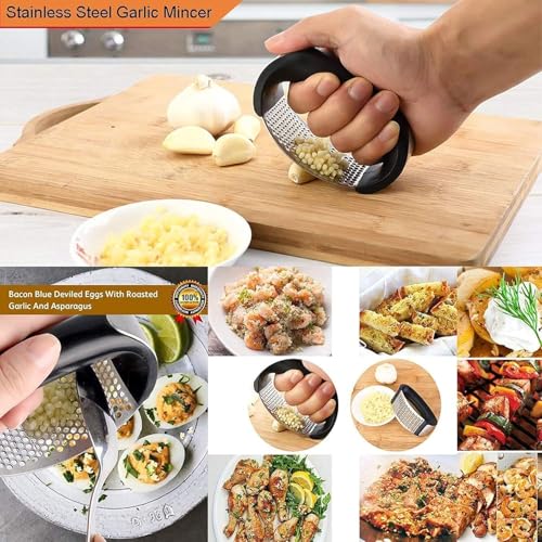 Image of Stainless Steel Garlic Press Rocker - Manual Crusher Masher with Peeling Drum, Portable Kitchen Tool (Black)