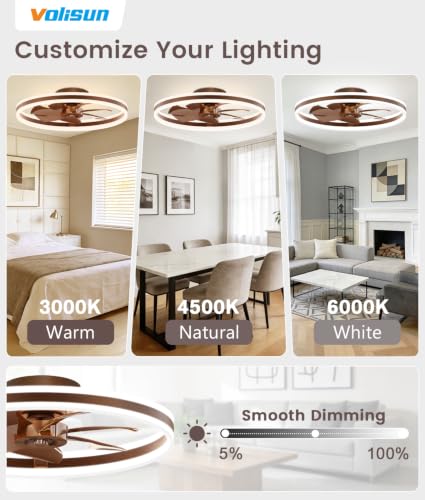 Image of VOLISUN Low Profile Ceiling Fans with Lights and Remote, 24in Flush Mount Ceiling Fans with Light, 3000K-6500K Dimmable Fandelier LED Fan Light, Farmhouse Ceiling Fans with Lights for Bedroom