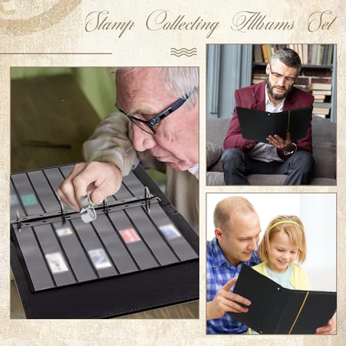 Image of Lewtemi Stamp Collecting Albums Set 4 Ring Stamp Collection Book Include 20 Pages Album Binder Tweezer and Loop Magnifier Collecting Supplies for Collectors(Black,5 /6 /7 /8 Rows)