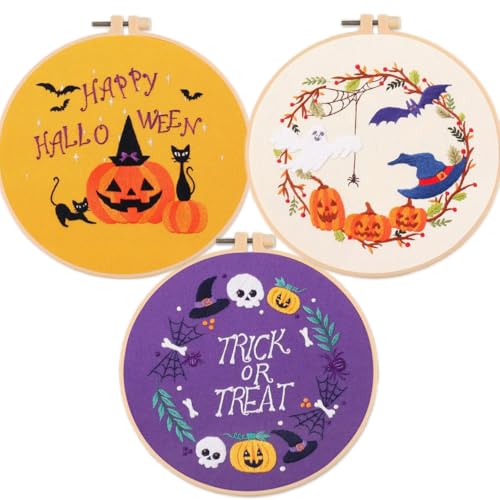 Kit de broderie Halloween débutant : lot de 3 cercles de point de croix