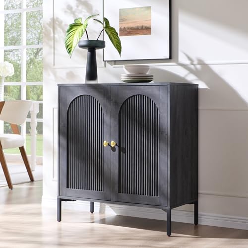 Image of IFGET Modern Buffet Cabinet with Storage, 34 inch Tall Fluted Arched Sideboard Cabinet w /Adjustable Shelves, Wooden Modular Coffee Bar for Dining Room, Kitchen, Living Room, Entryway, Dark Grey