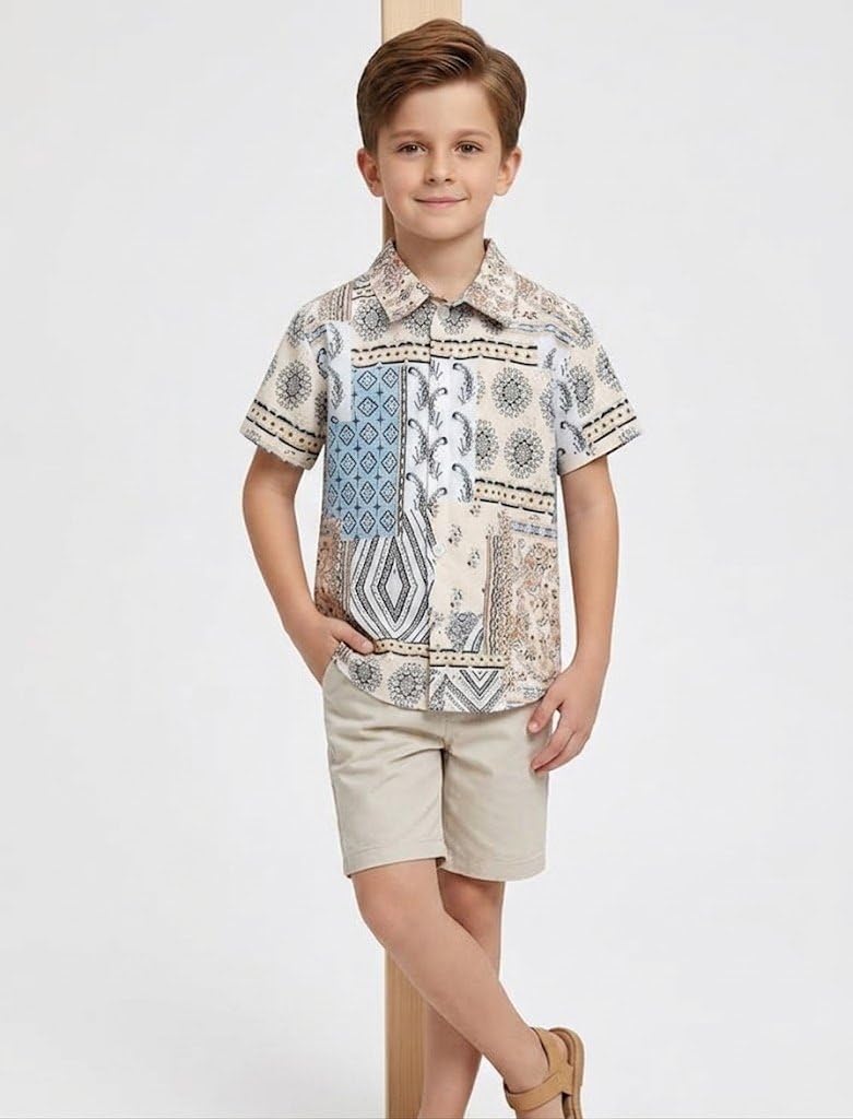 Niren Enterprise Cotton Fabric Casual Half Sleeve Printed Pattern Kids Boys Shirt Beige Colour 4