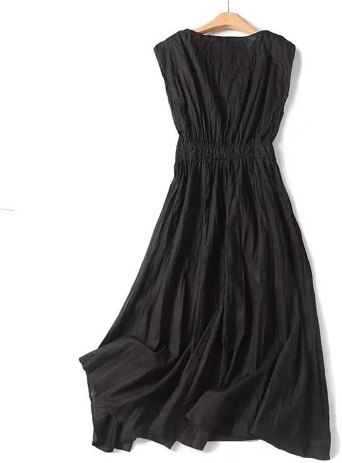 Women Texture Pleated Back Dress Sleeveless Minimalist Midi Dress Textured Fabric Dress