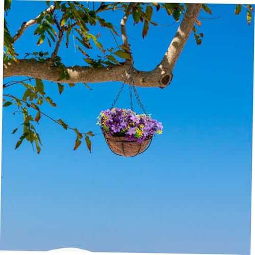 Panier fleurs suspendu extérieur fer résistant aux intempéries avec fleurs violettes - 6