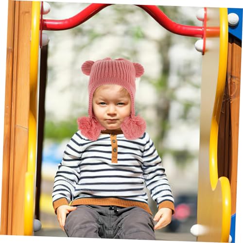 Bear Ears Winter Hat for Boys and Girls - Warm Knitted Beanie with Furry Balls - Windproof Ear Protection for Cold Weather Beige2