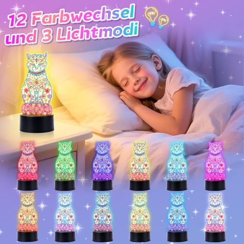Osikay Diamond Painting Katzenlampe Nachtlicht Kinder, Bastelset Mädchen 8 10 7 6 Jahre Spielzeug ab 5-12 Jahre Mädchen Geschenk Basteln Kinder 8-9-11 Jahren Lustige Geschenke Lampe Kinderzimmer