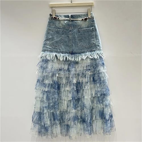 Women's Tie-Dye Denim Maxi Skirt, Gauze Patchwork with Distressed Hem Detail3