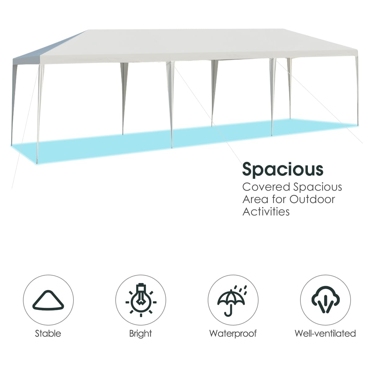 KOMFOTTEU Tenda da Giardino Pieghevole, 3 x 9 m, Impermeabile, Portatile, con Tubi Metallici e Connessione Forte, Gazebo con Corde e Picchetti per Feste, Eventi, Campeggio, Bianco
