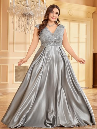 Image of Plus Size Satin Mother of the Bride Formal Gown for Wedding Sleeveless V-Neck Evening Dress