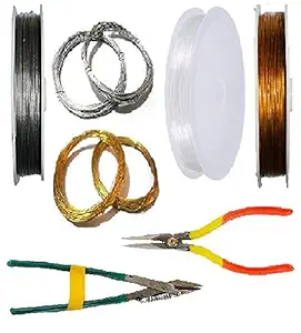 Goelx Golden & Silver Combination of Gear Wire/Tiger Tail, Elastic Cord, Beading Wires & Tools for Jewellery Making & Craft Work !!