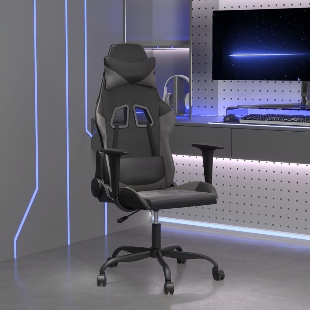 Chaise de jeu avec massage en cuir synthétique noir gris pivotante