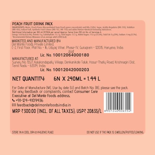 Image of Del Monte Peach Fruit Drink Gift Pack, Pack of 12, 240ml