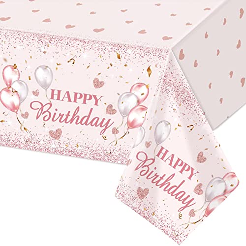 POPOYU Nappe Plastique Anniversaire Rose et Or 137x274cm - Décoration Fête Jetable pour Intérieur Extérieur