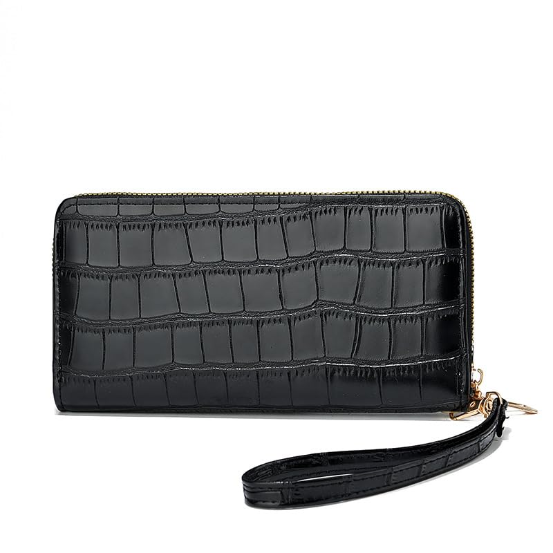 Women's Luxury Croc Pattern Leather Wallet, Large Capacity Zip Around with Wristlet, Multi-Card Organiser, Black-image-9