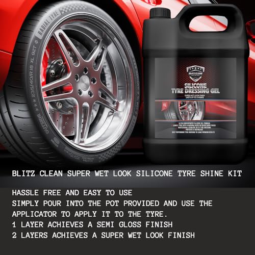 1000ml Silicone Tyre Shine & Trim Dressing Gel Kit, Tyre Black With Applicator & Integrated Pot, Super Gloss Tyre Dressing Formula, Lasts up to 3 weeks, Ultra Wet Look Finish (1 Litre Kit) - Image 2