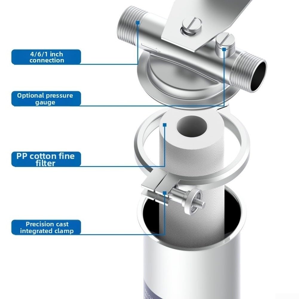 Filtro depuratore d'acqua ad alto flusso, capacità 4000 l, in acciaio inox, pre-filtro per sedimenti per impianti idraulici domestici, 29,5 x 85 cm, argento (seta esterna a 4 punti)