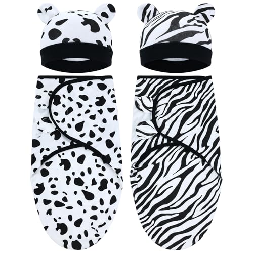 Image of Cinaci 2 Pieces Adjustable Soft Cotton Baby Swaddle Sleep Sacks Hats Newborn Nursery Caps Beanies Bonnets Swaddle Blanket Wraps for Baby Girls Boys Infants Newborns (2PCS S14)