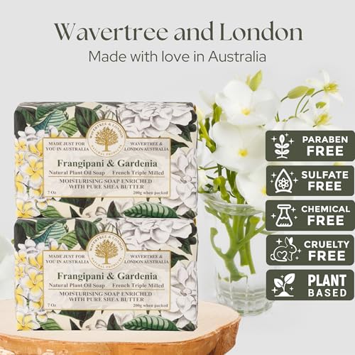 Image of Wavertree & London Frangipani Gardenia Scented Natural Soap (2 Bars), 7oz Moisturizing French Triple Milled Soap Bars enriched with shea butter - Pure Plant Based Bath & Body Bars for All Skin Types