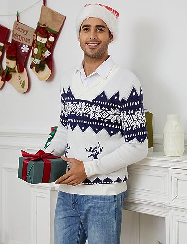 TURETRENDY Mens Ugly Christmas Sweaters Snowflakes Holiday Reindeer Printed Shawl Collar Knitted Long Sleeve Pullover Jumpers3