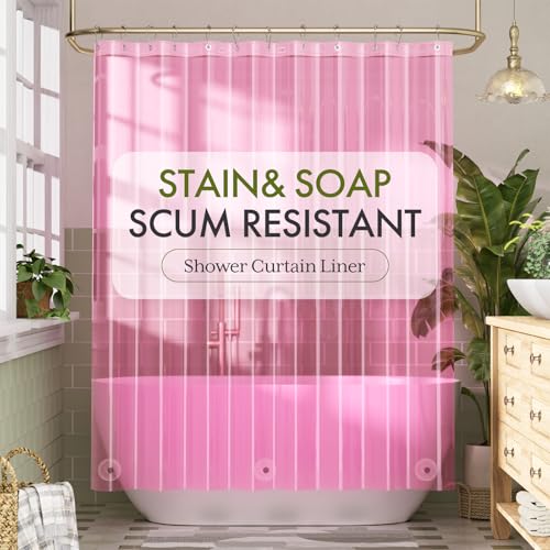 Image of Bathway Shower Curtain Liner Pink Clear Shower Curtain Liner 72x72 PEVA Waterproof Shower Curtain Liner Plastic with 3 Magnets and 12 Rustproof Metal Grommets, Lightweight Shower Liner for Bathroom