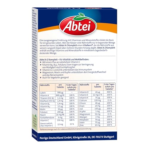 Abtei A-Z Komplett Langzeit-Multivitamine - mit natürlichem Vitamin C - Nahrungsergänzungsmittel für Vitalität und Wohlbefinden - laborgeprüft, hochdosiert und vegetarisch - 1 x 40 Tabletten