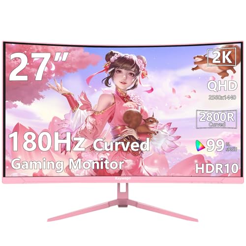 Raywego Pink 27 inch Curved Gaming Monitor 180Hz,QHD 1080P,1800R LED Display,Pink Computer...