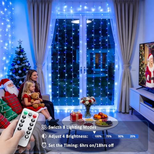 Image of JMEXSUSS 200 LED USB Curtain Lights Blue and White | Remote Curtain Christmas Lights, 8 Modes Christmas String Lights for for Bedroom, for Christmas, for Party, 6.5ftx6.5ft