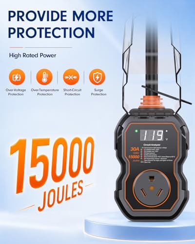 Image of GEARGO ๐ต๐ฌ๐พ-๐ฝ๐๐ RV Surge Protector 30 Amp, 15000J Circuit Analyzer with LED Display, IP68 Waterproof Cover, High-Energy Protection, Temperature Control, RV Adapter Plug for Camper, Travel Trailer