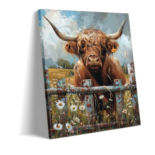 Portrait vache Highland toile tableau rustique déco salon cuisine