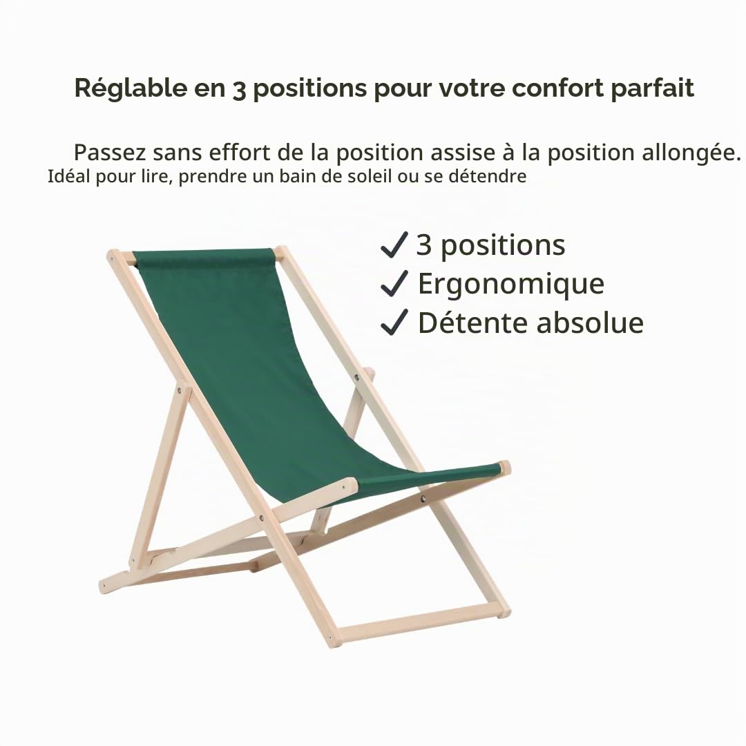 BAS Chaise Longue Pliante en Bois - Lot de 2 Transates de Plage Chaise Vert - Chilienne Pliante - Chaise Longue Jardin Relax Pliable pour Balcon, Plage, terrasse et Camping