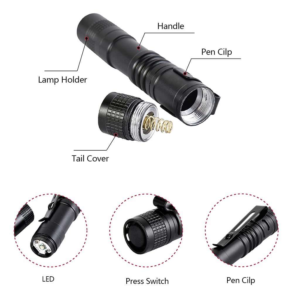Paquete de 5 mini linternas pequeñas LED potentes de alto lúmenes tácticos con clip, linterna compacta de bolsillo portátil delgada para inspección de emergencia, batería AAA, resistente al