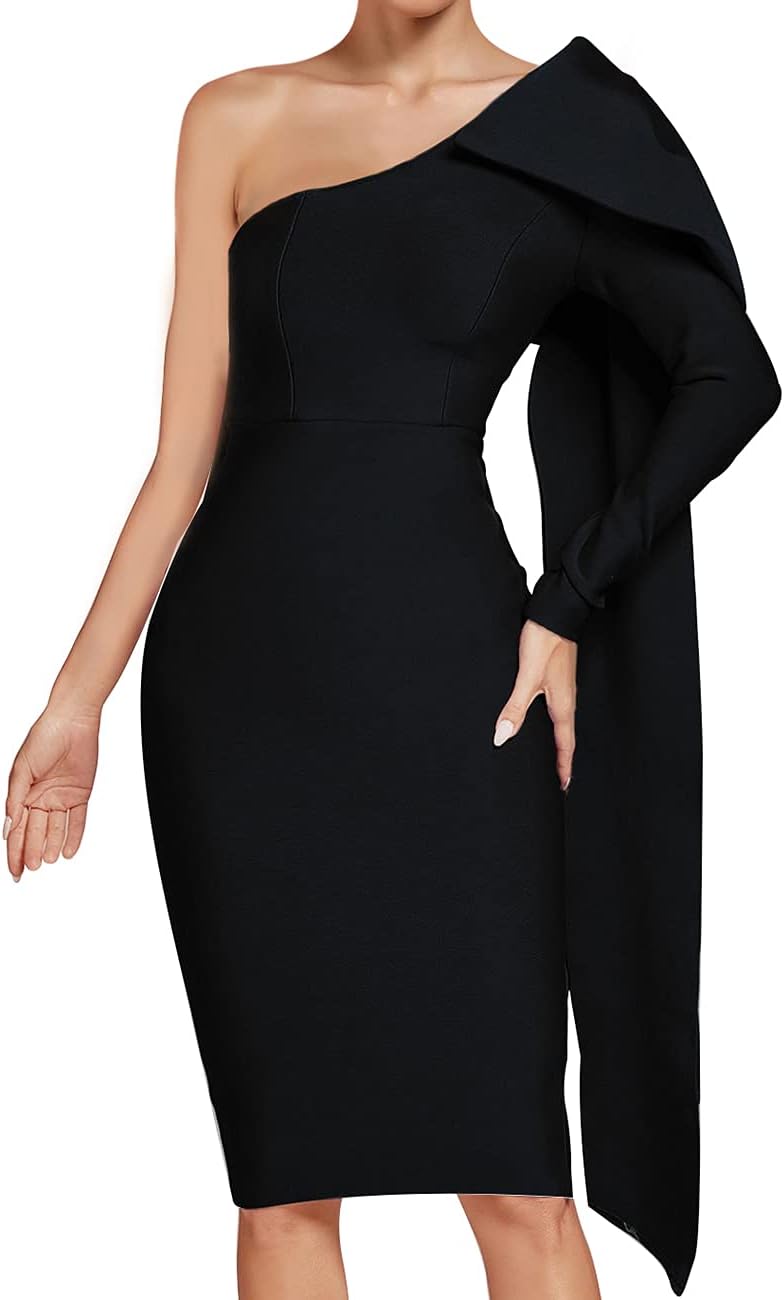 UONBOX Women's One Shoulder Bowknot Long Sleeve Bodycon Knee Length Club Party Bandage Dress - Image 2