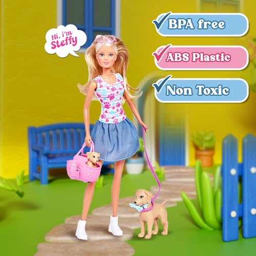 Image of Steffi Love Puppy Walk| Engaging Pretend Play Set with Steffi, One Mommy Dog & One Puppy| Complete Doll Set with 13+ Accessories| Ideal Gift for Birthdays, Christmas for Girls of Age 3+