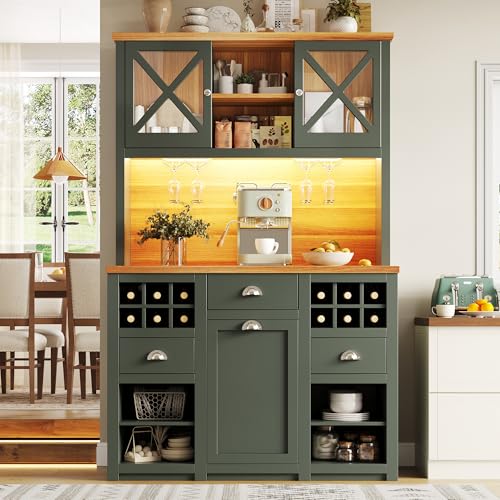 Raeln aparador de Cocina 120cm Verde alacena Puertas Cristal Soporte Botellas armarios de Cocina cajones estantes Metal Muebles auxiliares Comedor Salon pasillos Platos
