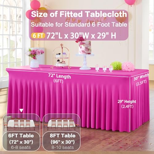 Image of 3 Pack Hot Pink Spandex Tablecloth for 6 Foot Rectangle Tables, Wrinkle Free Fitted Table Cloth Cover 6ft Fuchsia Stretchy Tablecloths with Skirt for Parties Weddings Birthday Banquet Baby Shower