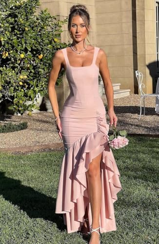 Womens Tight Mermaid Prom Dresses Black White 2025 with Slit Ruffle Square Neck Cocktail Dress2