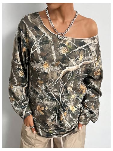 Women's Y2k Camo Shirt Tropical Graphic Off The Shoulder Sweatshirt Oversized T Shirts Long Sleeve Camouflage Tee Top3