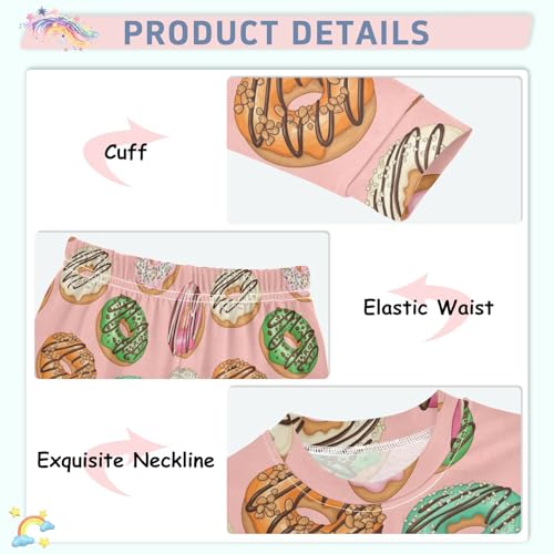 Pajama Sets Long Sleeve Colorful Donuts Pink Background Soft Comfy Sleepwear 2 Piece PJS 3-8T4
