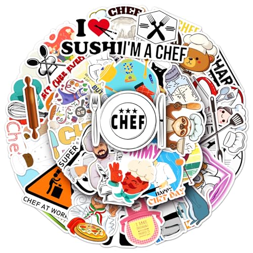 50 PCS Chef Theme Stickers Pack,Waterproof Vinyl Decals for Kitchen,Refrigerator,Laptop,Water Bottle,Car,Fun Decorations for Cooking Enthusiasts and Restaurant Staff