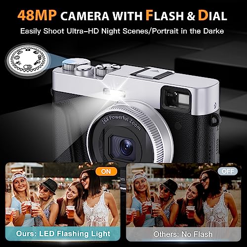 Upgraded 4K Digital Camera With Viewfinder Flash & Dial, 48Mp Digital Camera For Photography And Video Autofocus Anti-Shake, Travel Portable Camera With Sd Card 2 Batteries, 16X Zoom Vlogging Camera #TOP2