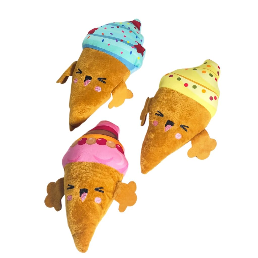 DAFORERAL Plush Dog Toy Ice Cream Cone Shape 8.7x6.9x2.2in, Squeaky Chew Toy With Short Plush And PP Cotton Filling For Interactive Play And Boredom Relief (3PCS)