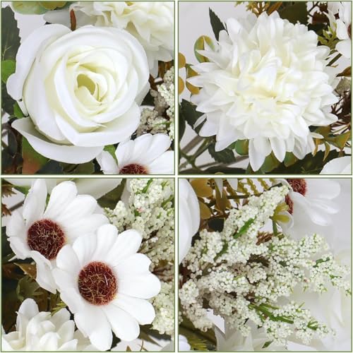 Image of Artificial Flower Bouquet for Home Decoration - 2 Pcs Faux Rose & Daisy Bouquet (Without Pot) Artificial Flowers for Living Room, Bedroom, Office, Vase Decoration (White)