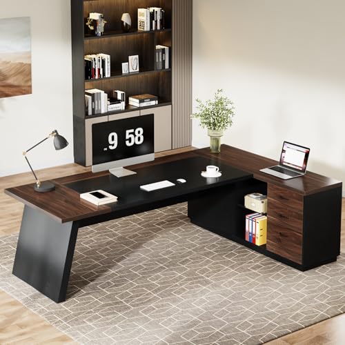 Image of Tribesigns 78 inch L-Shaped Executive Desk, Large Office Desk with Drawers and File Cabinet, Modern Business Furniture for Home Office (Walnut & Black)