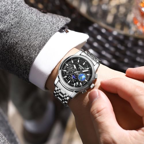Image of NIBOSI Watches for Man Analog Quartz Classic Square Silver Minimalism Design Men Watches Stainless Steel Band Wrist Watch Day-Date Waterproof