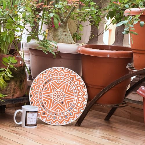 Image of Ethnics of Kutch Traditional Kutch Handicraft Mud-Mirrorwork Lippan Kam Wall Art (Water and Break Resistant) - Square (12 inch x 12 inch) - (Orange - LKT-0255)